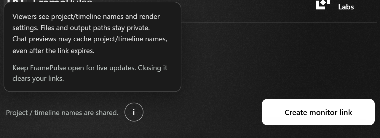 FramePulse Create monitor link control with the sharing and privacy disclosure expanded