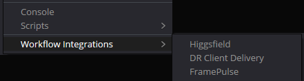 Resolve Workspace menu with Workflow Integrations submenu showing FramePulse